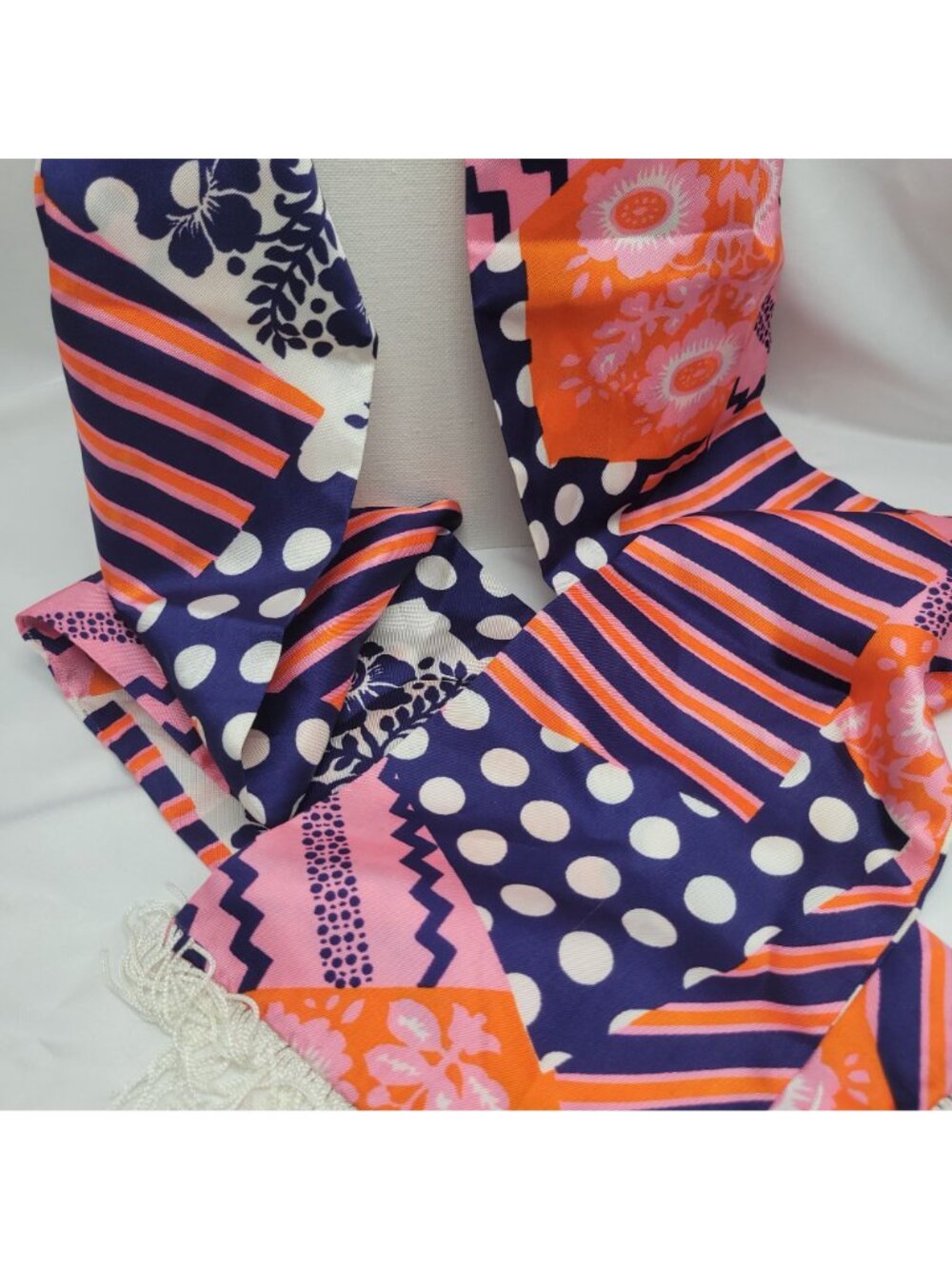 Vtg 60s Orange Purple Pink Patchwork Scarf Fringe Trim 64"x6" Groovy Retro Style - Picture 14 of 15